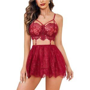 Lingerie for Women Lace Babydoll Mesh Nightwear - Wine Red